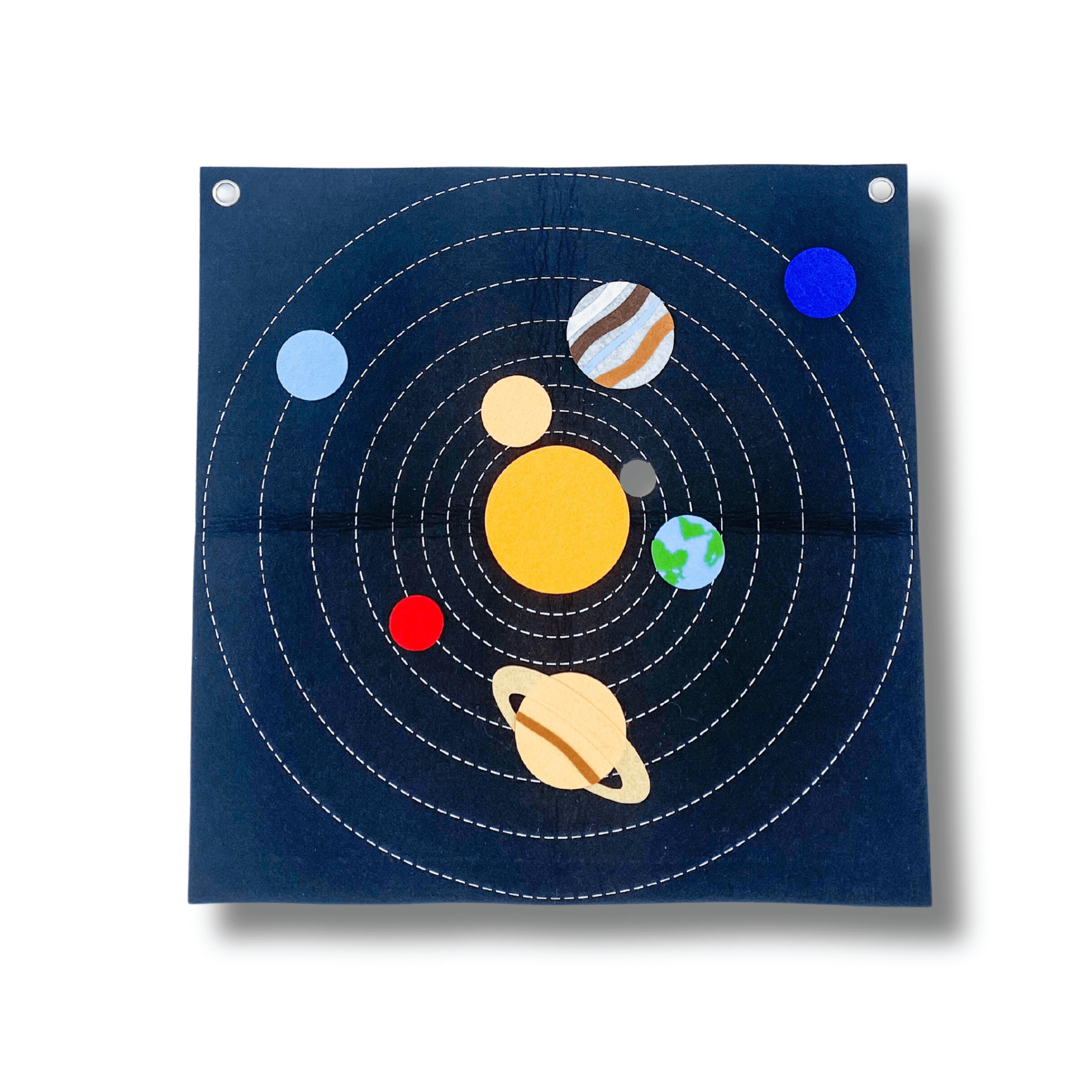 Custom-created planet felt mat for kids to learn about the planets. Children can place the planets on the mat, either hanging it up or laying it on the floor. Ideal for play-based learning about the solar system and engaging, hands-on fun.