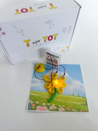 Hands-on electricity learning kit for children with Squishy Circuits battery pack, homemade playdough, and a lightbulb playdough cutter. Features static and solar electricity experiments, a detailed instruction brochure, and a copy of 