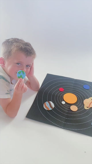 Planet felt mat designed for kids to learn about the solar system. This custom-created mat encourages children to add planets and explore space in a play-based manner. Ideal for hanging on the wall or using on the floor for interactive learning.